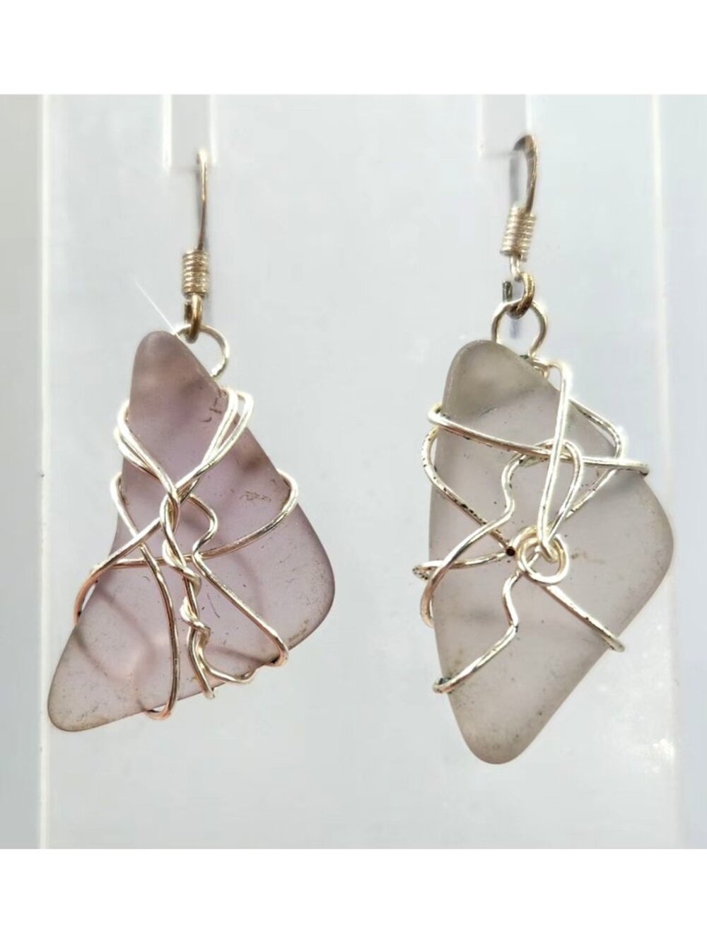 Asymmetrical Sea Glass Dangle Earrings, Wire Wrapped